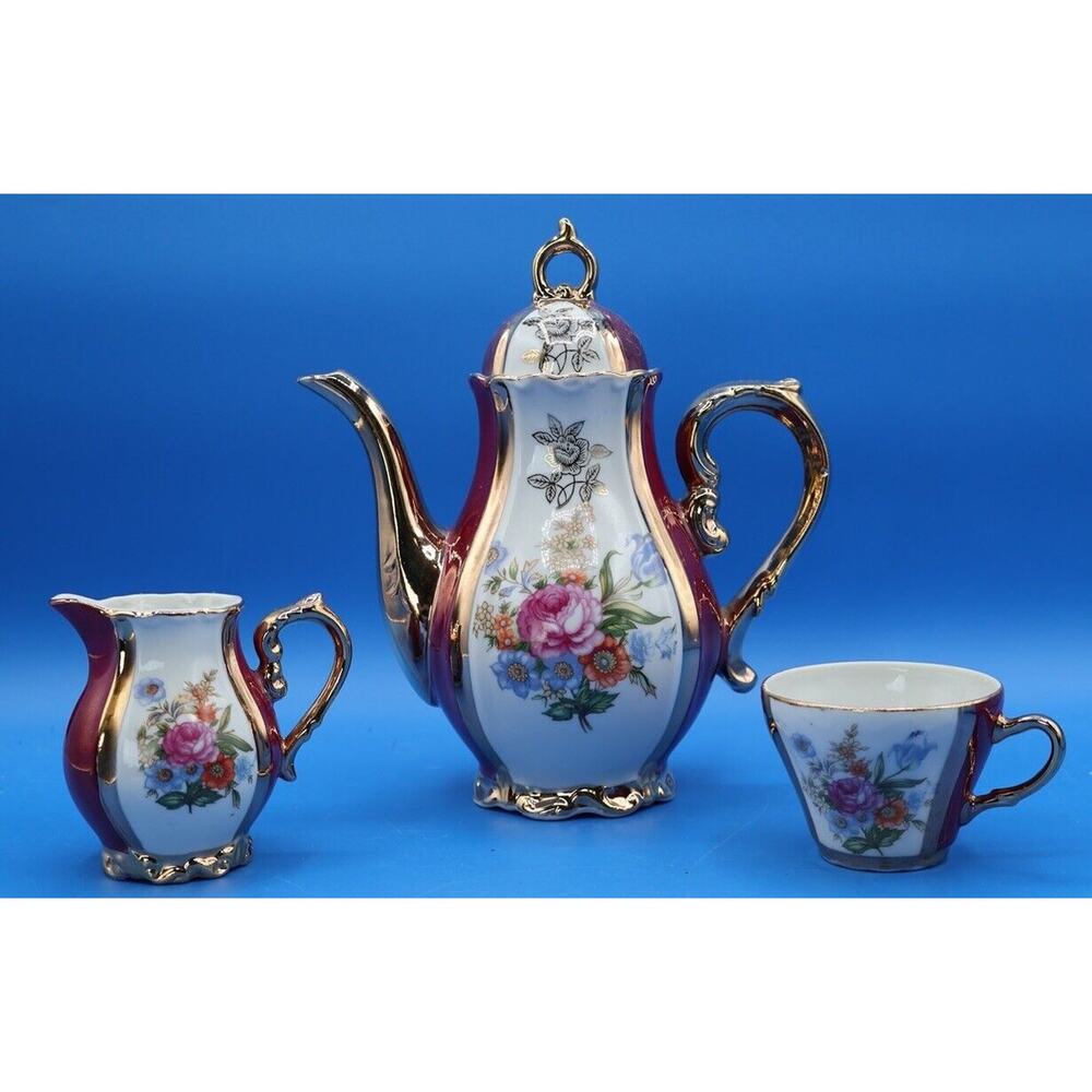 Vintage Royal‎ Crown Japan Luster Pink Pot, Creamer & Cup. (Floral) *Pre-Owned*